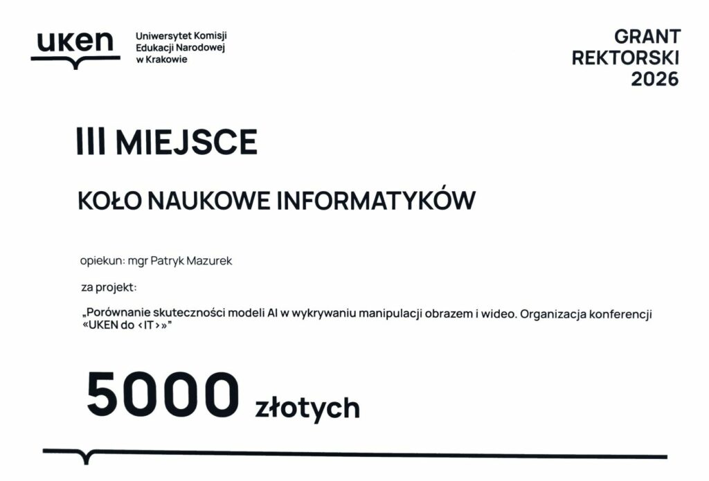 Studenckie Koło Naukowe Informatyków nagrodzone w konkursie Grant Rektorski 2026